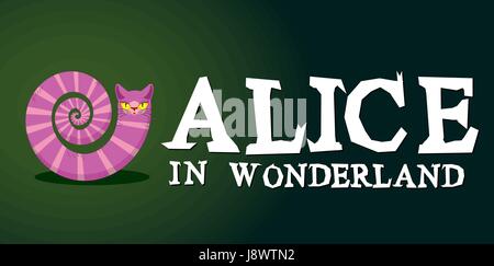Alice nel Paese delle Meraviglie titolo. Cheshire cat. Animale fantastico. Favoloso animale a strisce con lunga coda Illustrazione Vettoriale