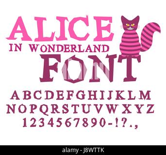 Alice nel Paese delle Meraviglie font. Fairy ABC. mad alfabeto Cheshire cat. Insieme di lettere. Magica bestia con lunga coda a strisce Illustrazione Vettoriale
