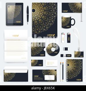 Set di nero di vettore corporate identity modello. Moderno business stationery mock-up. Branding design . Sfondo dorato Illustrazione Vettoriale