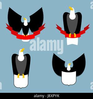 Eagle e nastro rosso. Black Bird Predator. Hawk e protezione. La raccolta per emblema e gli emblemi per squadre sportive. Spazio per il testo Illustrazione Vettoriale