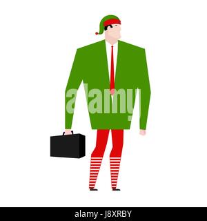 Imprenditori elfo aiutante di Santa Claus. Manager di gnome di Natale con la valigia. Lavoratore di ufficio masquerade. Corporate nuovo anno celebrazione Illustrazione Vettoriale