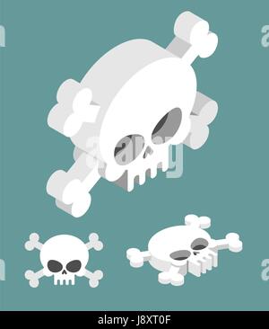 Cranio set isometrica. Testa di scheletro e crossbones Illustrazione Vettoriale