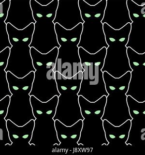 Gatto nero seamless pattern. Gli sfondi di vettore per la festa di Halloween. La texture di animali domestici. Retrò ornamento del tessuto. Molte sagome gatti con gli occhi verdi Illustrazione Vettoriale