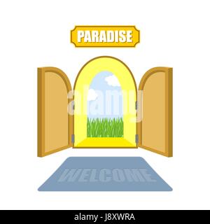 Porte del Paradiso su uno sfondo bianco. Ingresso al paradiso. Accesso a Dio. Porte aperte al giardino di Eden con il blu del cielo e il verde erba. Vector illu Illustrazione Vettoriale