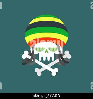 Rasta cranio. Cranio addict con dreadlocks e le ossa. Morti per droga. Rasta colorate Cap. Illustrazione Vettoriale per Halloween. Illustrazione Vettoriale