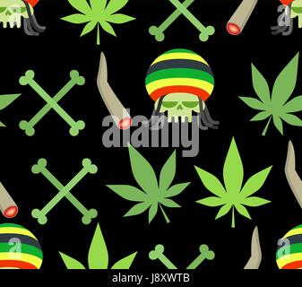 Giamaica farmaci seamless pattern. Rasta cranio e di foglie di cannabis. SPLIFF e ossa. Fumare farmaci di spinta Illustrazione Vettoriale