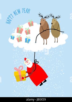 Babbo Natale viene giù su una corda e dà un dono. Cervo sulla copertura nuvolosa Santa Claus. Neve da nubi. Natale biglietto di auguri. Illustrazione Vettoriale per Illustrazione Vettoriale
