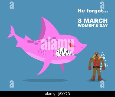 Egli ha dimenticato circa il 8 marzo. International womens day. Empio Pink shark subacqueo spaventa vecchia tuta. Farted dalla paura andare bolle. Vettore saluto umoristico ca Illustrazione Vettoriale