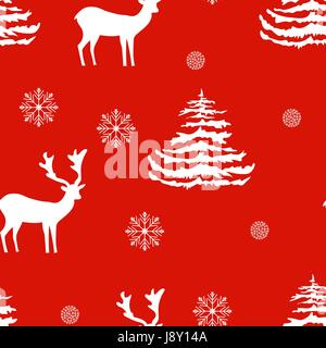 Seamless pattern di Natale disegnati a mano cervi realistico, abeti, fiocchi di neve, silhouette bianca su sfondo rosso, tessuto, confezione regalo,articoli di cancelleria Illustrazione Vettoriale