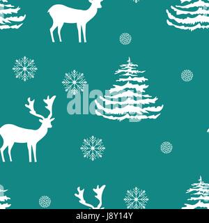 Seamless pattern di Natale disegnati a mano cervi realistico, abeti, fiocchi di neve, silhouette bianca su sfondo turchese, tessuto, confezione regalo Illustrazione Vettoriale