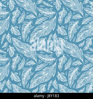 Schizzo Seamless texture con bianco piume ornamentali su sfondo blu Illustrazione Vettoriale