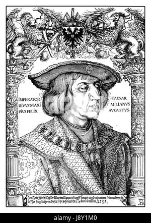 Sacro Romano Imperatore Massimiliano I della Casa degli Asburgo (1459 - 1519), espanso di Habsburg influenza in Europa attraverso la guerra e il matrimonio , ritratto di Albrecht Dürer, anno 1519 Foto Stock