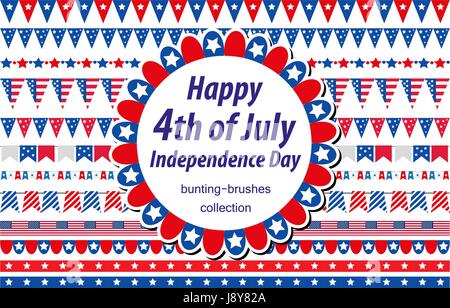 American Independence Day, celebrazione NEGLI STATI UNITI. Impostare le frontiere, bunting, bandiere, ghirlanda. Raccolta di elementi decorativi per il 4 luglio festa nazionale. Illustrazione Vettoriale, clip art. Illustrazione Vettoriale