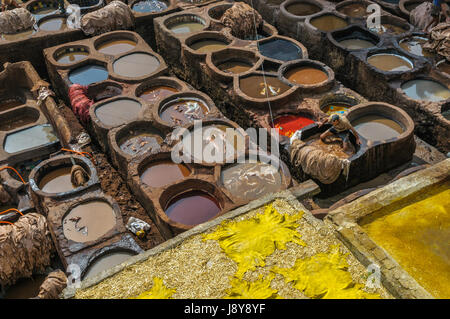 La conceria di Fez, Marocco Foto Stock