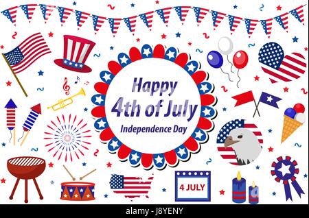 Giorno di indipendenza America celebrazione in USA, set di icone, elemento di design, di tipo piatto. Raccolta di oggetti per il 4 luglio festa nazionale con una bandiera, mappa, barbecue, bunting, fuochi d'artificio.illustrazione vettoriale. Illustrazione Vettoriale