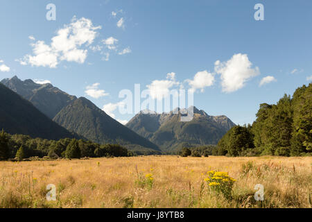 Vista su tutta la valle di eglinton dal milford autostrada, Parco Nazionale di Fiordland, Isola del Sud della Nuova Zelanda Foto Stock