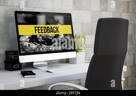 3D rendering di area di lavoro industriali che mostra il feedback sullo schermo del computer. Tutti i grafici dello schermo sono costituiti. Foto Stock