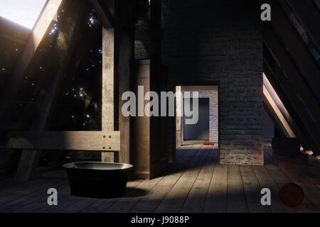 3D rendering di un vuoto di legno Camera attico in bella luce solare Foto Stock