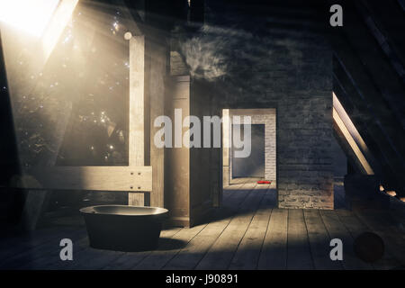 3D rendering di un vuoto di legno Camera attico nel bellissimo fascio di luce Foto Stock