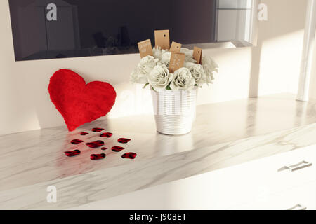 3D render di cuore soffici e bouquet di rose bianche su marmo bianco toeletta per congratularmi con la festa della mamma Foto Stock