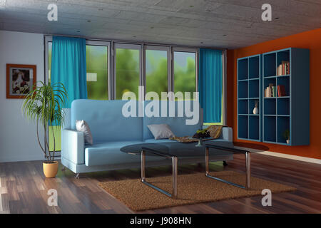 3D rendering di soggiorno moderno con pareti di colore arancione e tende blu Foto Stock
