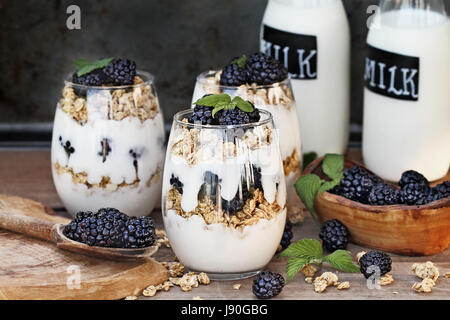 Blackberry parfaits fatta con lo yogurt greco, granola e fresco di more. Estrema profondità di campo con il fuoco selettivo su parfait in foregrou Foto Stock