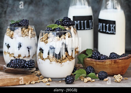 Blackberry parfaits fatta con lo yogurt greco, granola e fresco di more. Estrema profondità di campo con il fuoco selettivo su parfait in foregrou Foto Stock