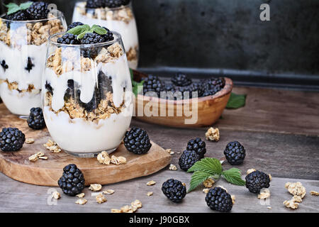 Blackberry parfaits fatta con lo yogurt greco, granola e fresco di more. Estrema profondità di campo con il fuoco selettivo su parfait in foregrou Foto Stock