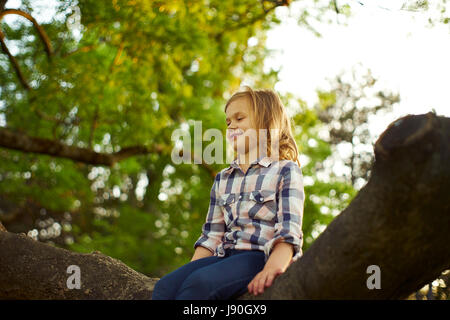 Una ragazza seduta su una struttura ad albero Foto Stock