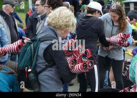 Massachusetts, STATI UNITI D'AMERICA. Il 30 maggio 2017. Volontari su Boston Common raccogliere le bandiere il giorno dopo giorno memoriale per l'organizzazione Massachusetts eroi militari fondo. Ogni anno 37.000 flag vengono poste in onore di coloro che hanno sacrificato la loro vita nel servizio militare poiché la guerra rivoluzionaria di 1776. Credito: Kenneth Martin/ZUMA filo/Alamy Live News Foto Stock