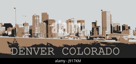 Una vista di Denver in soli 3 colori dietro un'autostrada onramp al tramonto Illustrazione Vettoriale
