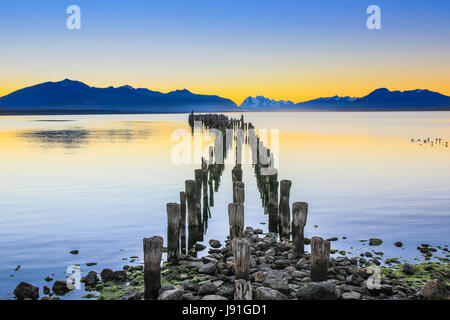 Puerto Natales nella Patagonia cilena. Vecchio Dock in Almirante Montt golf. Foto Stock