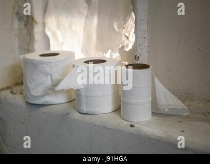 Rotoli di carta igienica nel bagno disordinati Foto Stock