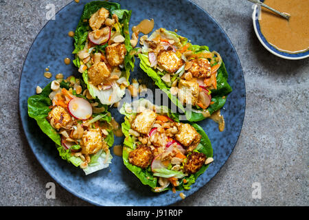 Un letto di insalata con tofu fritto, insalata e salsa di arachidi Foto Stock