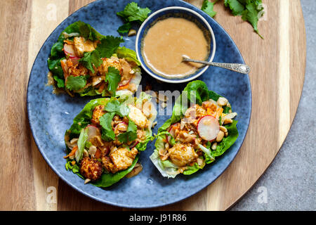 Un letto di insalata con tofu fritto, insalata e salsa di arachidi Foto Stock