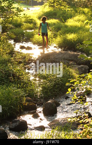 Ragazza stepping in montagna acqua di ruscello Foto Stock