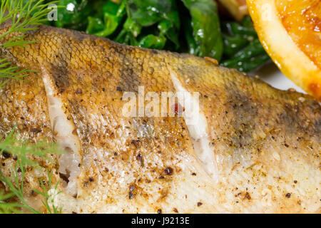 Cotto al forno pesce dorado. Macro. Foto può essere usato come un intero sfondo. Foto Stock