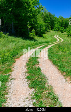 Un incurvamento strada conduce l'occhio a distanza su una vivace mattina di primavera. Foto Stock