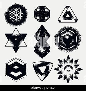 Set di impossibile e altre forme di tatuaggio, dotwork, blackwork tutti fatta di punti. Geometrica, personaggi sacri stelle e cubi Illustrazione Vettoriale
