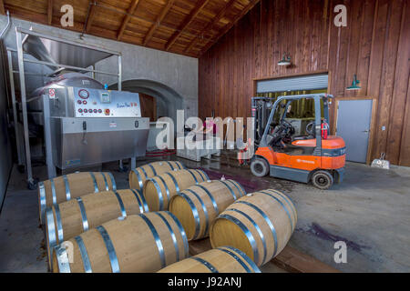 Cantina lavoratore, drain premere, vino premere, Gerico Canyon vigneto, Calistoga, Napa Valley, California, Stati Uniti Foto Stock