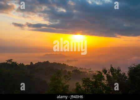 Colorato tramonto su giungla con il vulcano Merapi dietro e tempio di Borobudur, Indoneisa Foto Stock