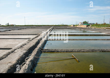 Sale stagni di evaporazione nella fattoria di sale, Aveiro, Portogallo Foto Stock