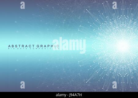 Sfondo geometrico molecola e comunicazione. Social network information. Linea collegata con punti. Grande composizione di dati. In prospettiva, visualizzazione grafica radiale. Illustrazione Vettoriale Illustrazione Vettoriale