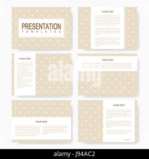 Golden set di modelli di vettore di multipurpose le diapositive della presentazione. Brochure, depliant, volantini, coperchio, rivista o relazione annuale. Configurazione astratta in stile arabo. Fondo oro. Illustrazione Vettoriale