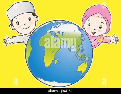 Illustrazione dei bambini musulmani, un ragazzo e una ragazza con il mondo - Cartoon vettoriale Illustrazione Vettoriale
