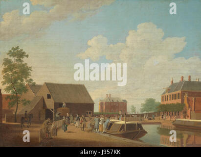 Questa immagine raffigura una scena storica di Halfweg, Paesi Bassi, con un tradizionale trekschuit (chiatta trainata da cavalli) che viaggia verso Amsterdam. Il dipinto o il disegno offre una vista dei metodi di trasporto del XIX secolo e dei canali che erano cruciali per il commercio e la vita quotidiana nella regione. Foto Stock