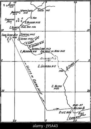 Questa mappa illustra le scoperte portoghesi lungo la costa dell'Africa, descrivendo dettagliatamente le esplorazioni marittime e le rotte commerciali durante l'età delle scoperte nel XV e XVI secolo. Foto Stock