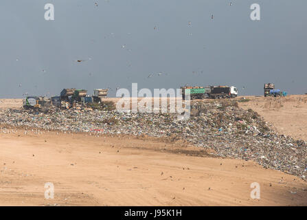 (170605) -- CAMPO DE MAYO (Argentina), 5 giugno 2017 (Xinhua) -- Immagine presa il 1 giugno 2017 mostra i carrelli lo scarico di rifiuti in discarica settore del complesso ambientale "Norte III' del coordinamento ecologico della società di Stato Area Metropolitana (CEAMSE), nel Campo de Mayo, vicino a Buenos Aires, Argentina. In Argentina, la società statale CEAMSE si prende cura della gestione integrata dei rifiuti solidi urbani della zona metropolitana di Buenos Aires, con il processo e di norme che mirano a ridurre l'impatto ambientale di discariche sanitarie. (Xinhua/Martin Zabala) (zjy) Foto Stock