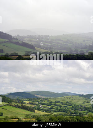 Aberystwyth, Wales, Regno Unito. 05 Giugno, 2017. Regno Unito Meteo. Pioggia torrenziale nel Galles occidentale (top prese 5 giugno 2017), dove meteorologi hanno emesso un allarme giallo, contrasta con la vista dallo stesso posto di ieri (fondo adottate il 4 giugno 2017) quando il tempo era bello e soleggiato. Credito: John Gilbey/Alamy Live News Foto Stock