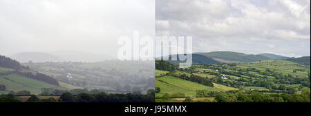 Aberystwyth, Wales, Regno Unito. 05 Giugno, 2017. Regno Unito Meteo. Pioggia torrenziale nel Galles occidentale (sinistra, foto scattata 5 Giugno, 2017), dove meteorologi hanno emesso un allarme giallo, contrasta con la vista dallo stesso posto di ieri (foto di destra prese il 4 giugno, 2017) quando il tempo era bello e soleggiato. Credito: John Gilbey/Alamy Live News Foto Stock